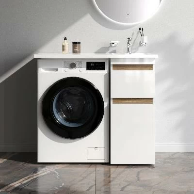 Тумба с раковиной и смесителем 100 AM.PM X-Joy M85AFSX0402WG для стиральной машины правая белый глянец