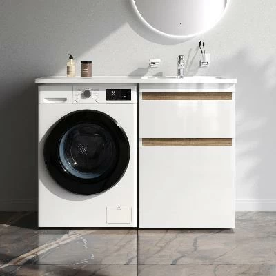 Тумба с раковиной и смесителем 120 AM.PM X-Joy M85AFSX0602WG для стиральной машины правая белый глянец