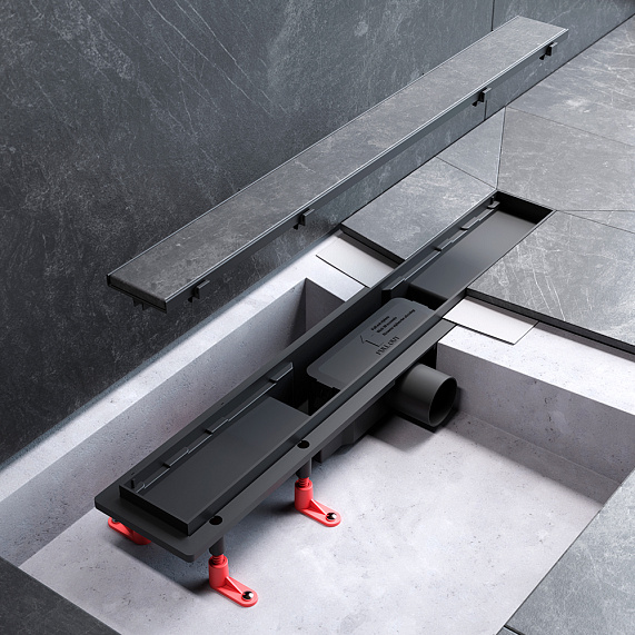 Душевой трап (лоток) 60 AM.PM PrimeFlow W02SC-U11-060-04BM комбинированный затвор с черной матовой решеткой под плитку-14