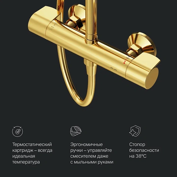 Душевая система AM.PM X-Joy F0785A499 стойка с тропическим душем, термостатом, смесителем, золото-6