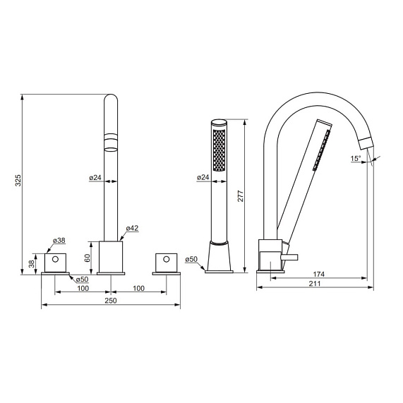 Смеситель для ванны и душа Damixa Scandinavian Pure 360400300 на борт, душевая лейка, шланг 1500, черный-2