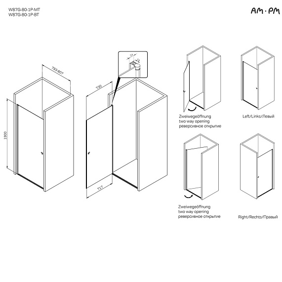 Душевая перегородка с дверью 80x190 AM.PM Sunny W87G-80-1P-BT прозрачное стекло, профиль черный матовый-6
