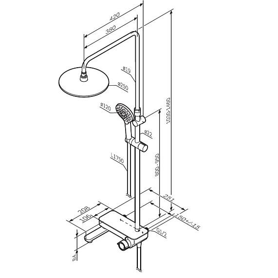 Душевая система AM.PM Like F0780722 стойка с тропическим душем, смесителем, изливом, черная матовая-12