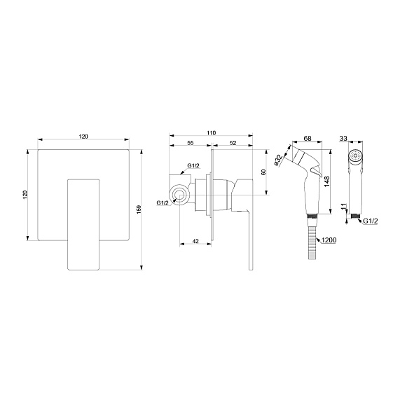 Гигиенический душ со смесителем Damixa Gala 537510300 черный встраиваемый, шланг 1200, держатель-2