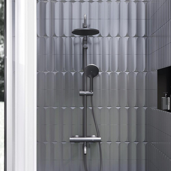 Душевая система Damixa Jupiter 977810300 стойка с тропическим душем, термостатом, смесителем, изливом, черная матовая-2