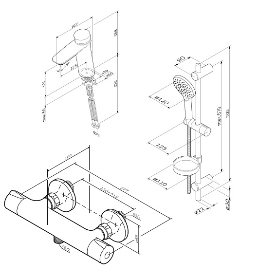2 смесителя с душевой лейкой AM.PM Inspire 2.0 F40950A03 в наборе, шланг 1750, хром-2