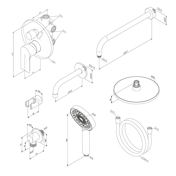 Встраиваемая душевая система Damixa Apollo 947510300 черная: тропический верхний душ, ручной душ, излив-6
