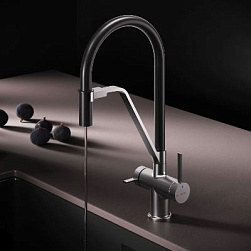 Смеситель для кухни AM.PM Func F8F07812 высокий, сатин с каналом для питьевой воды и гибким черным изливом