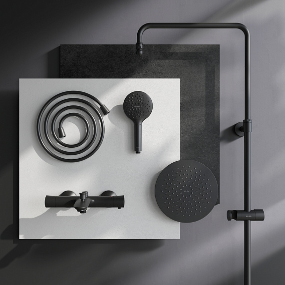 Душевая система AM.PM Like F0780522 стойка с тропическим душем, термостатом, смесителем, изливом, черная матовая-11