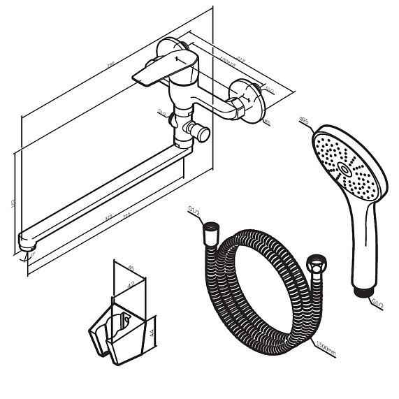 Смеситель для ванны и душа AM.PM Gem F90A90100 длинный излив, душевая лейка, шланг 1500, хром-9