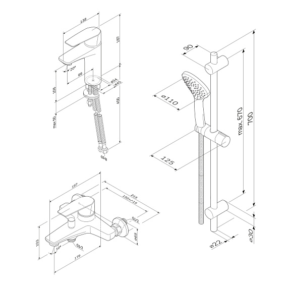 2 смесителя с душевой лейкой AM.PM Gem F42990A00 в наборе, шланг 1750, черный-2
