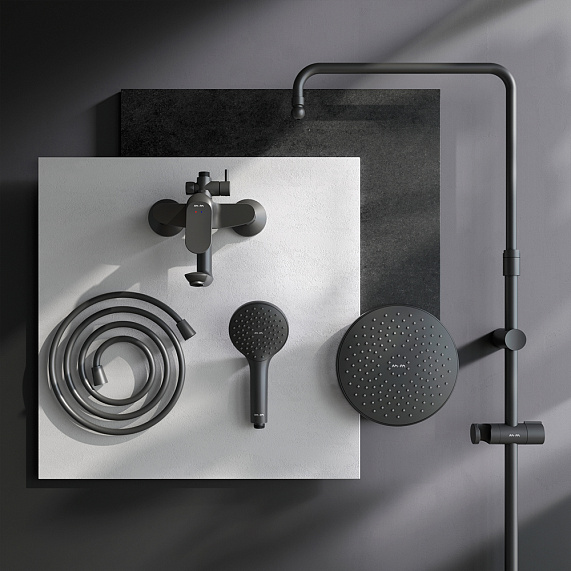 Душевая система AM.PM Sunny F0785C922 стойка с тропическим душем, смесителем, изливом, черная матовая-9