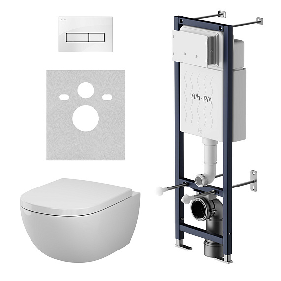 Унитаз подвесной безободковый с инсталляцией AM.PM Above IS110301.9X1900 сиденьем микролифт, белой механ. клавишей
