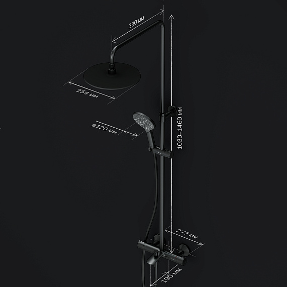Душевая система AM.PM Like F0780522 стойка с тропическим душем, термостатом, смесителем, изливом, черная матовая-9